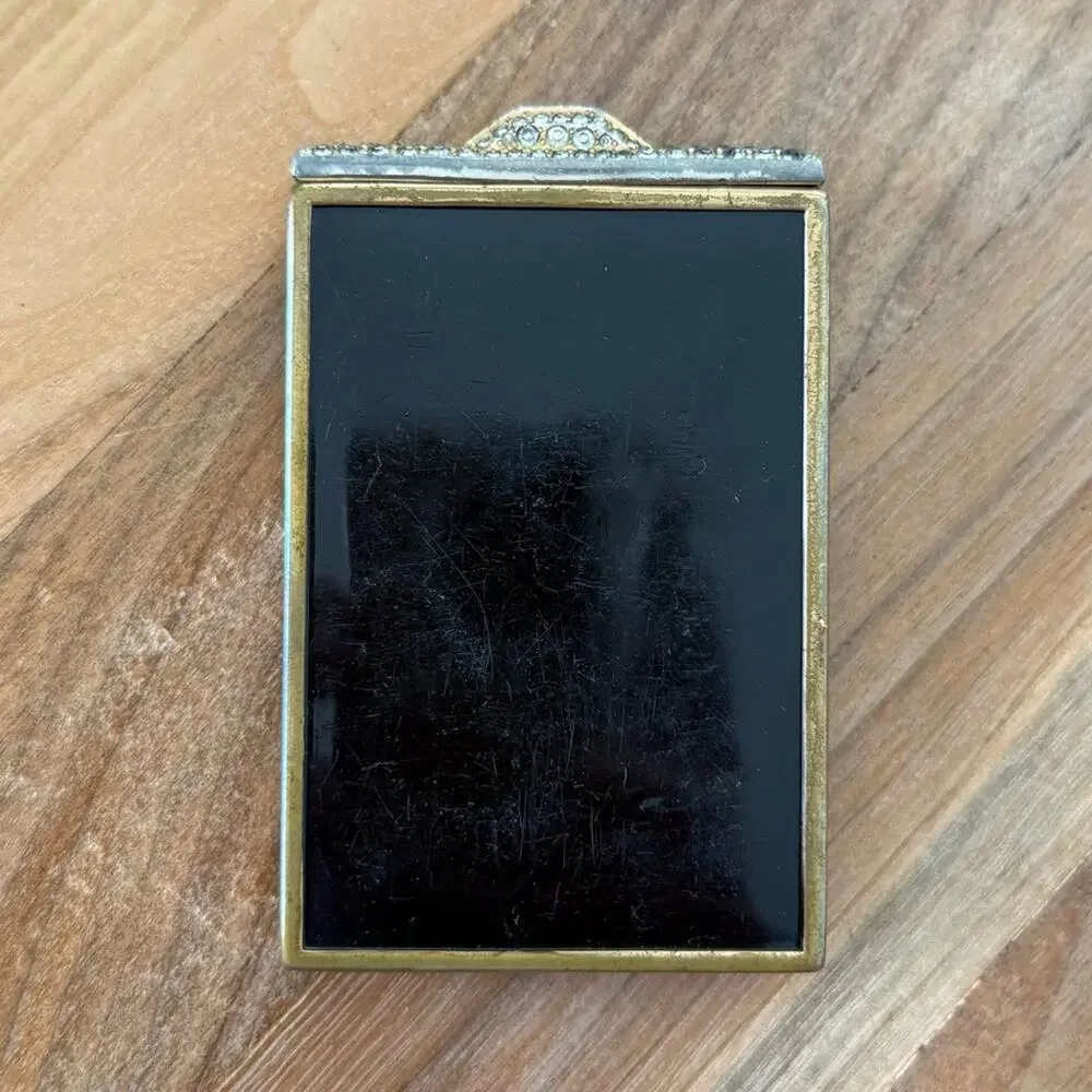 1930s Art Deco Black Enamel Rhinestone Compact Balcano Makeup Case Rouge Luxury